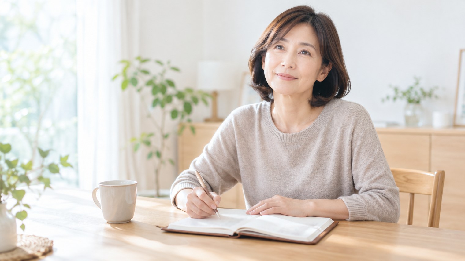 ダイニングテーブルで手帳に書き留めながら、穏やかな表情で顔を上げている50代前後の女性のイメージ写真。