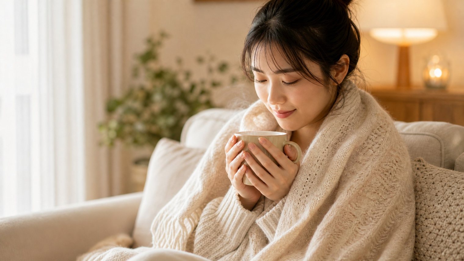 ブランケットを羽織り、温かい飲み物を両手で包むようにして温まる女性のイメージ写真。